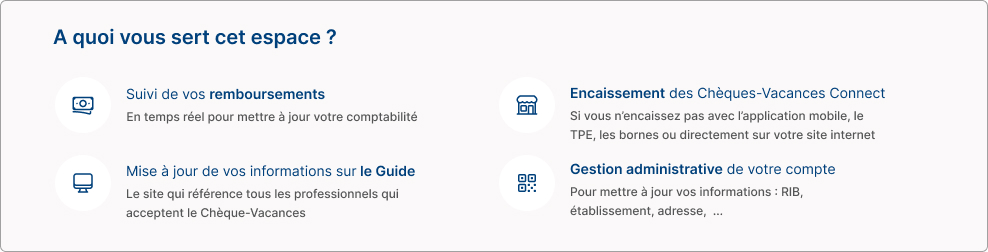 Les différentes fonctionnalités de votre espace sont : le suivi de vos remboursements, la mise à jour de vos informations sur le Guide, l'encaissement des Chèques-Vacances Connect ou la gestion administrative de votre compte. 