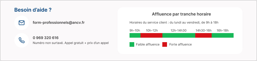 Vous pouvez nous contacter au 0969320616 ou à l'adresse mail form-professionnels@ancv.fr